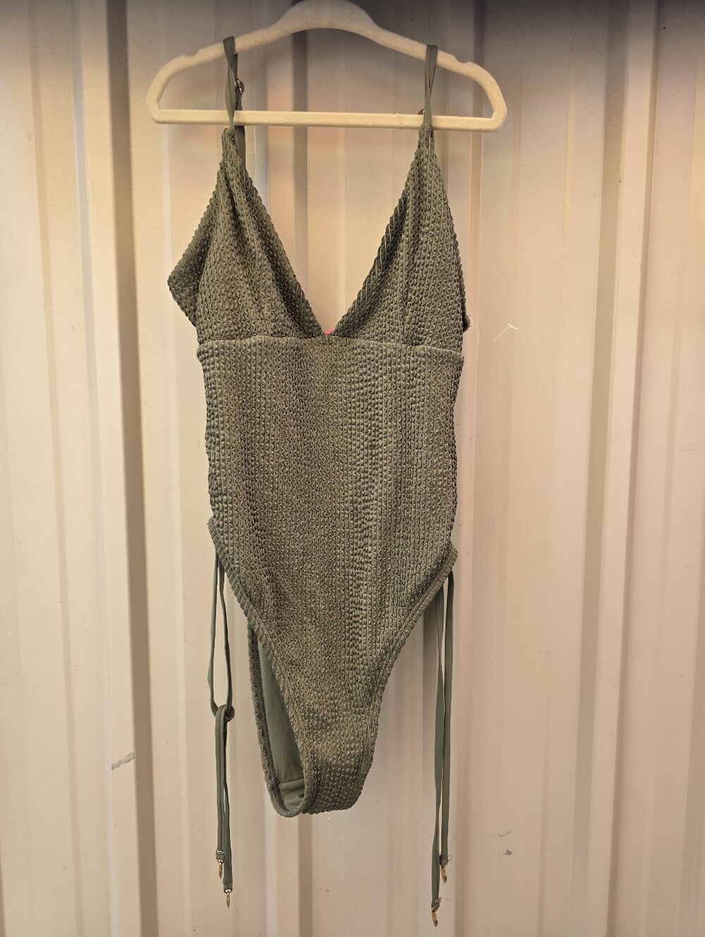 Betsey Johnson Olive Green Textured Ruched One-Piece Swimsuit Size Small